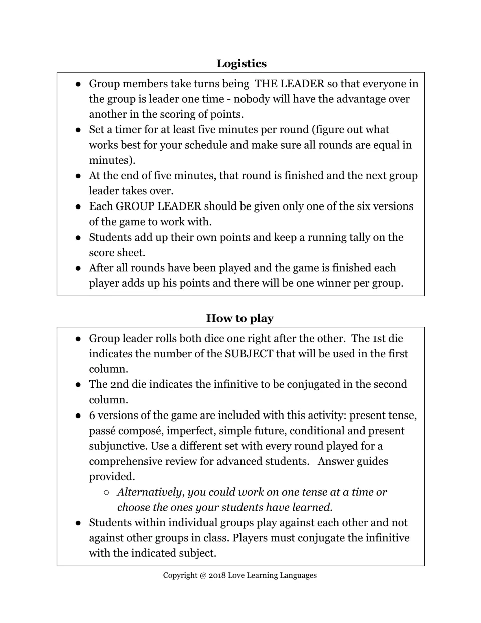 Game logistics and how to play: leader rolls two dice to pick a subject and infinitive to conjugate; six tense versions