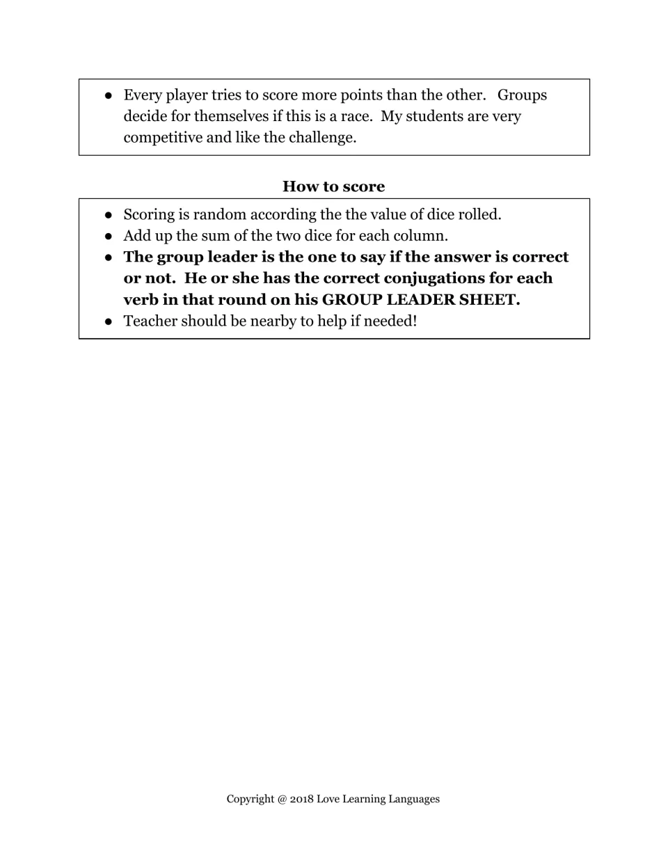How to score the verb conjugation dice game: players add two dice per column; group leader checks answers on leader sheet