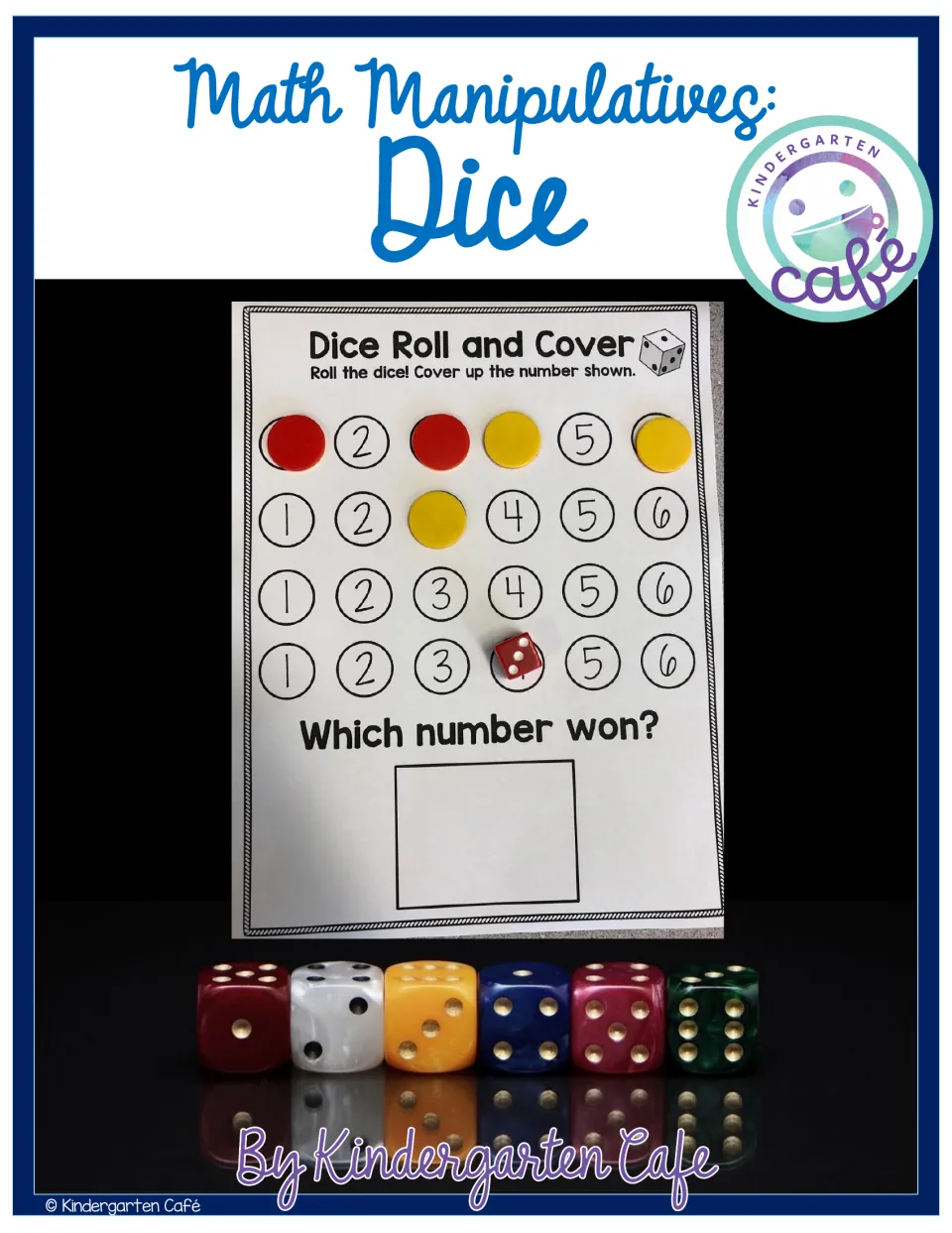 Math Manipulatives: Dice cover showing a Dice Roll and Cover game board with counters on numerals and six colored dice