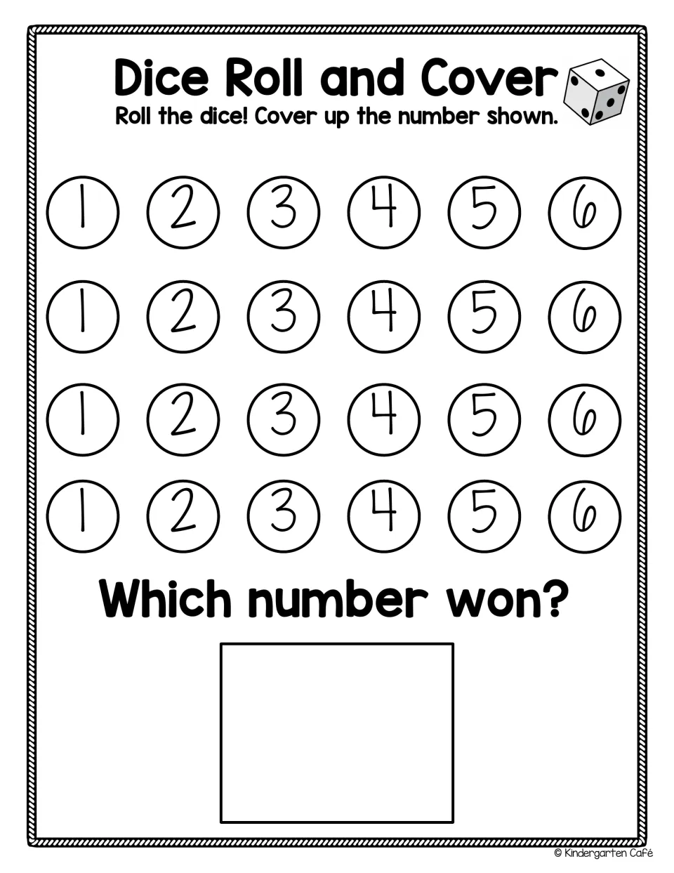 Numeral recognition game: students roll a die, cover numbers 1 to 6 across four rows, then write which number won
