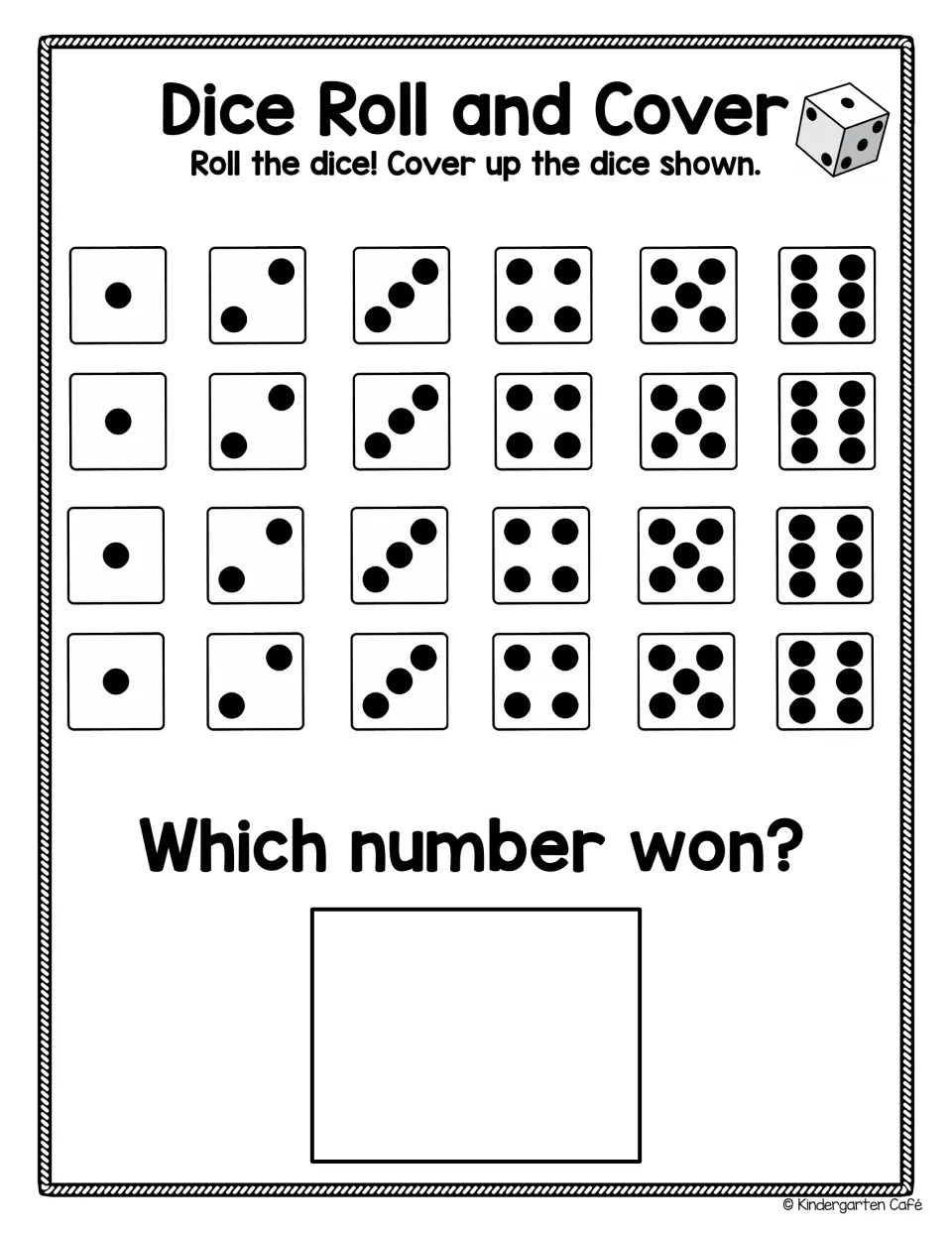 Subitizing dice dots: students roll and cover the matching dot pattern for 1 to 6 in four rows, then record which won