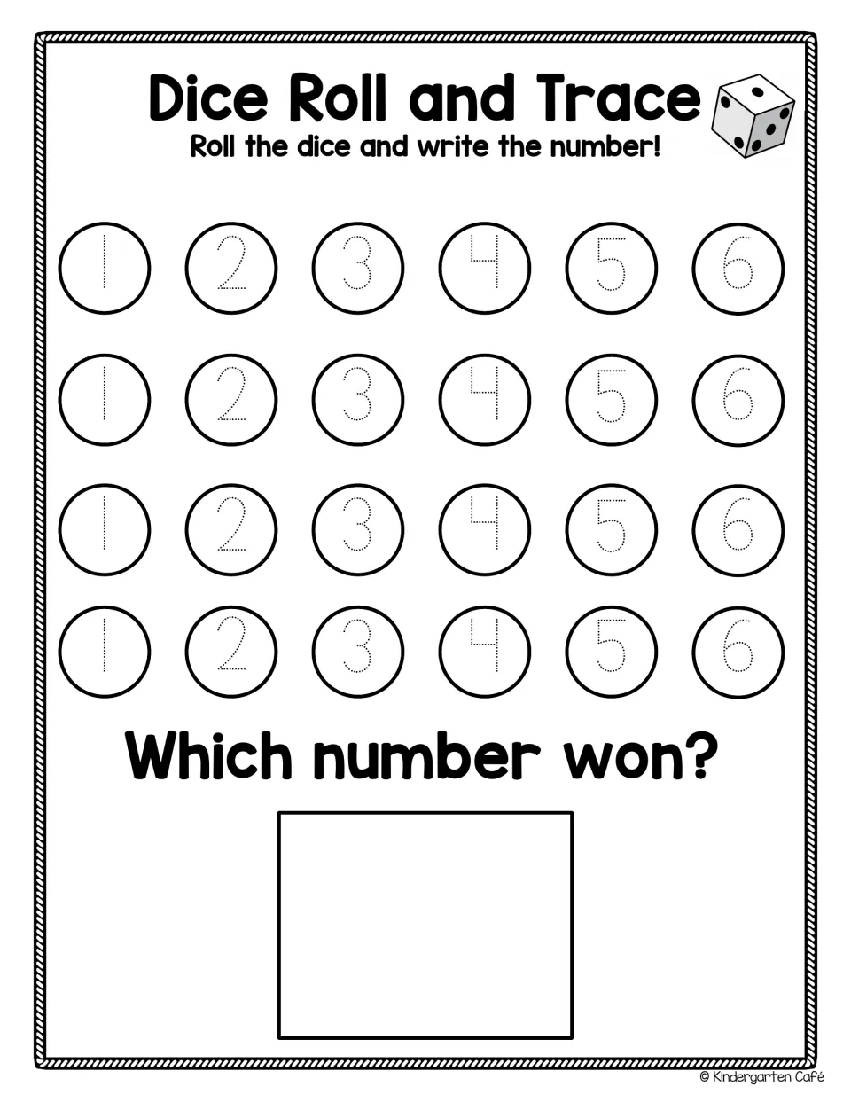 Dice Roll and Trace, one die: students roll, trace a dotted 1 to 6 in the matching column, then write which number won