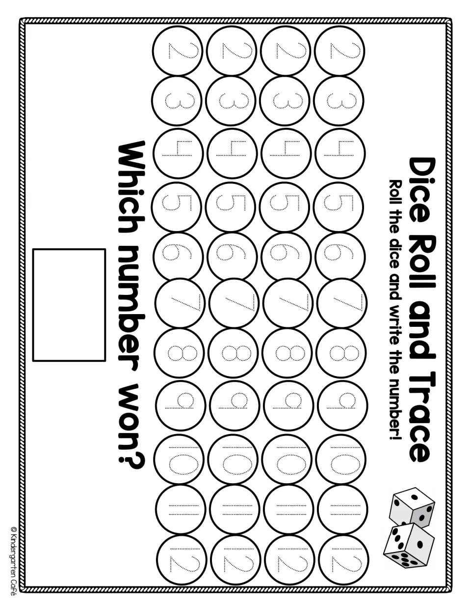 Two-dice number race: students roll two dice, trace the dotted total from 2 to 12 on its row, then box which number won