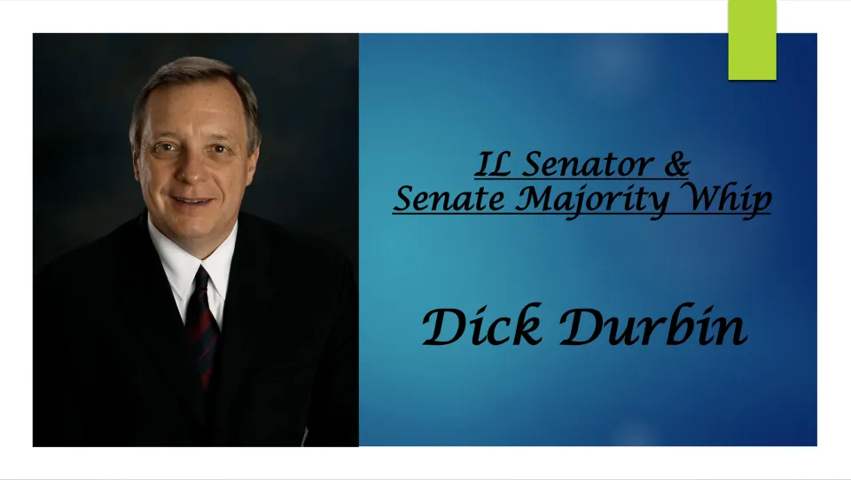 Biography cover introducing Dick Durbin as an Illinois senator and Senate Majority Whip, with his portrait