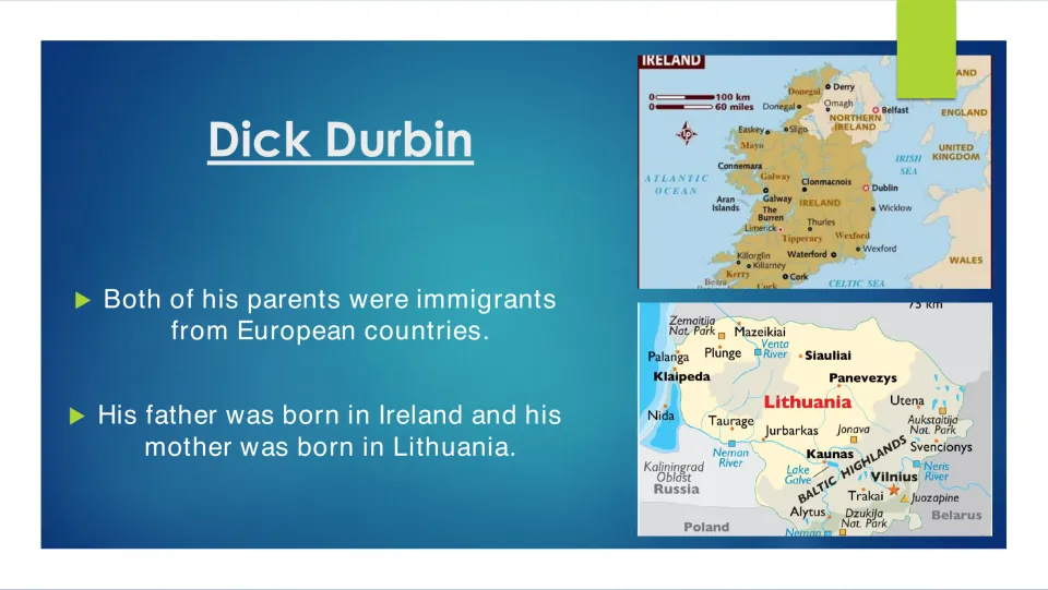 Family background slide stating Durbin's father was born in Ireland and his mother was born in Lithuania