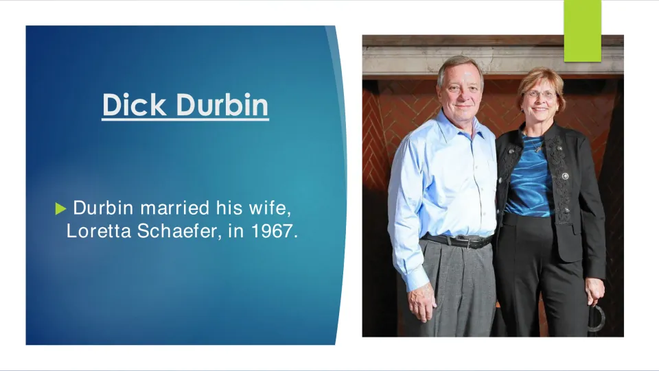 Family biography slide stating Durbin married Loretta Schaefer in 1967, accompanied by a photo of the couple
