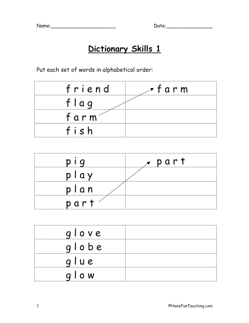 Dictionary Skills 1: students put f, p and gl word sets in alphabetical order, e.g. friend, flag, farm, fish