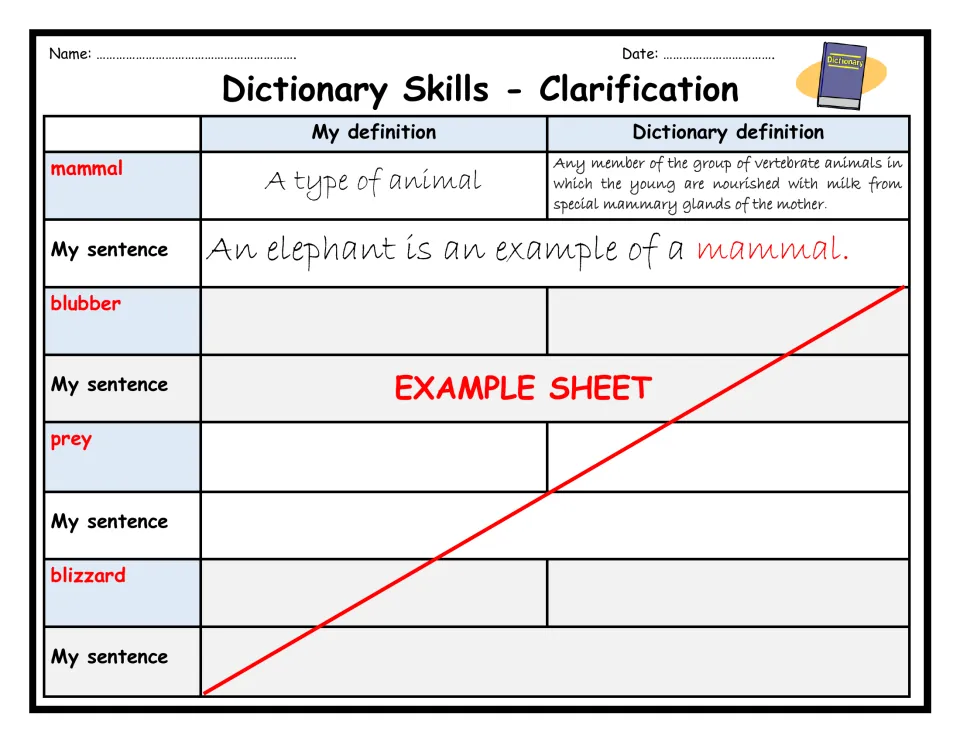 Dictionary skills example: mammal defined in own words and by the dictionary, then used in a sentence