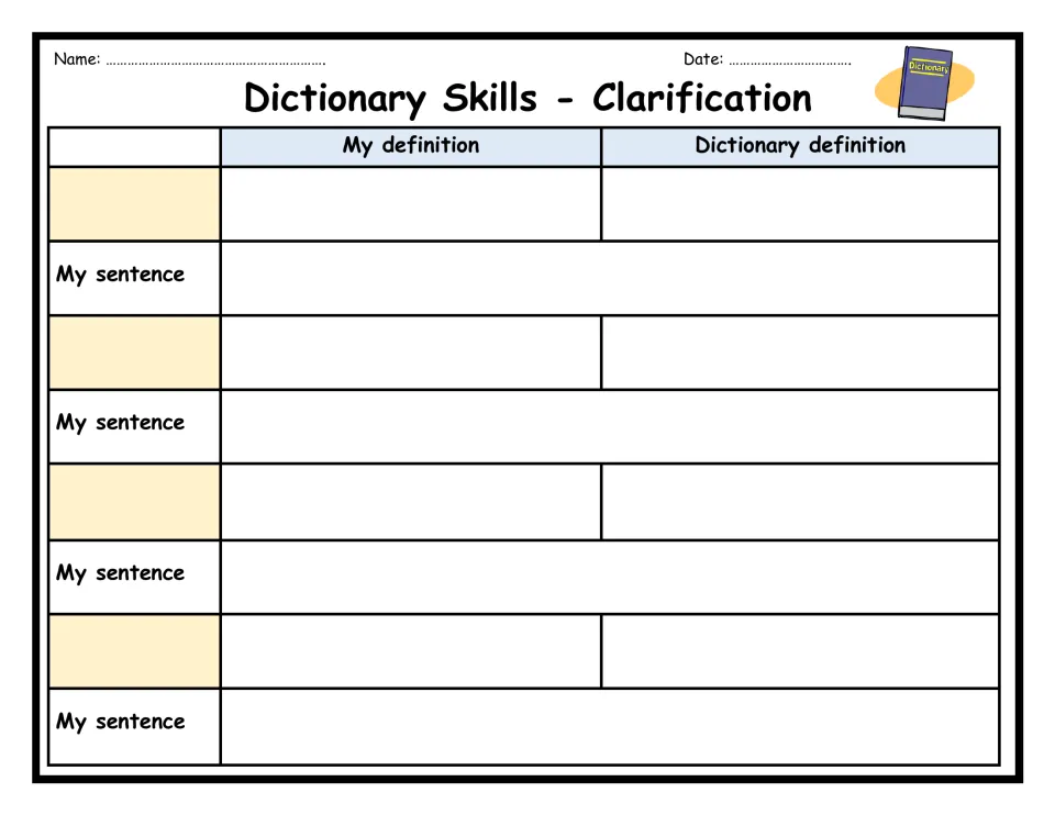 Blank clarification sheet: students define four words in their own words and from a dictionary, then write a sentence