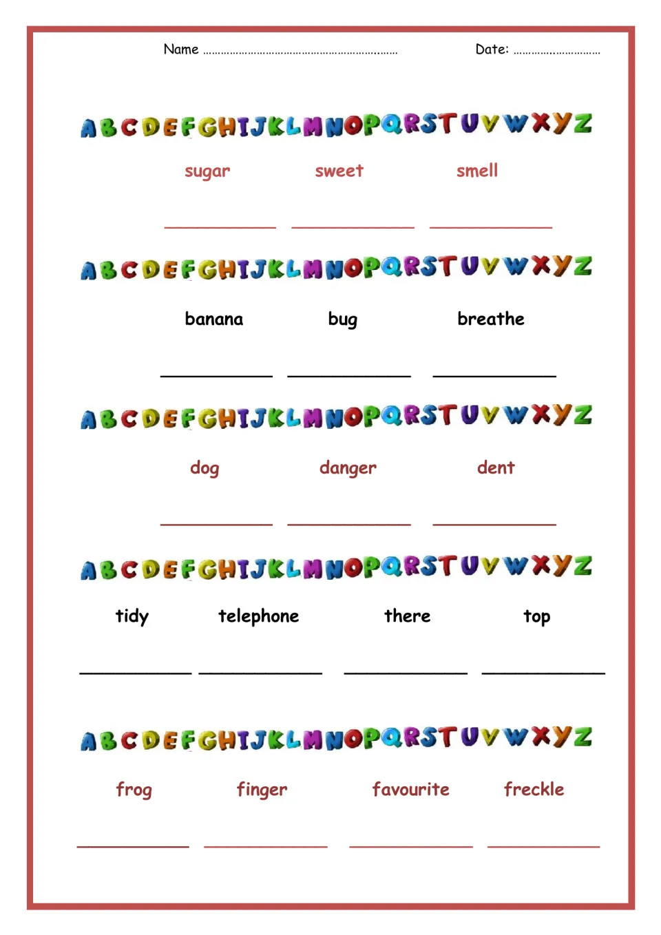 Alphabetical order by second letter: students order sets sharing a first letter, like sugar, sweet, smell