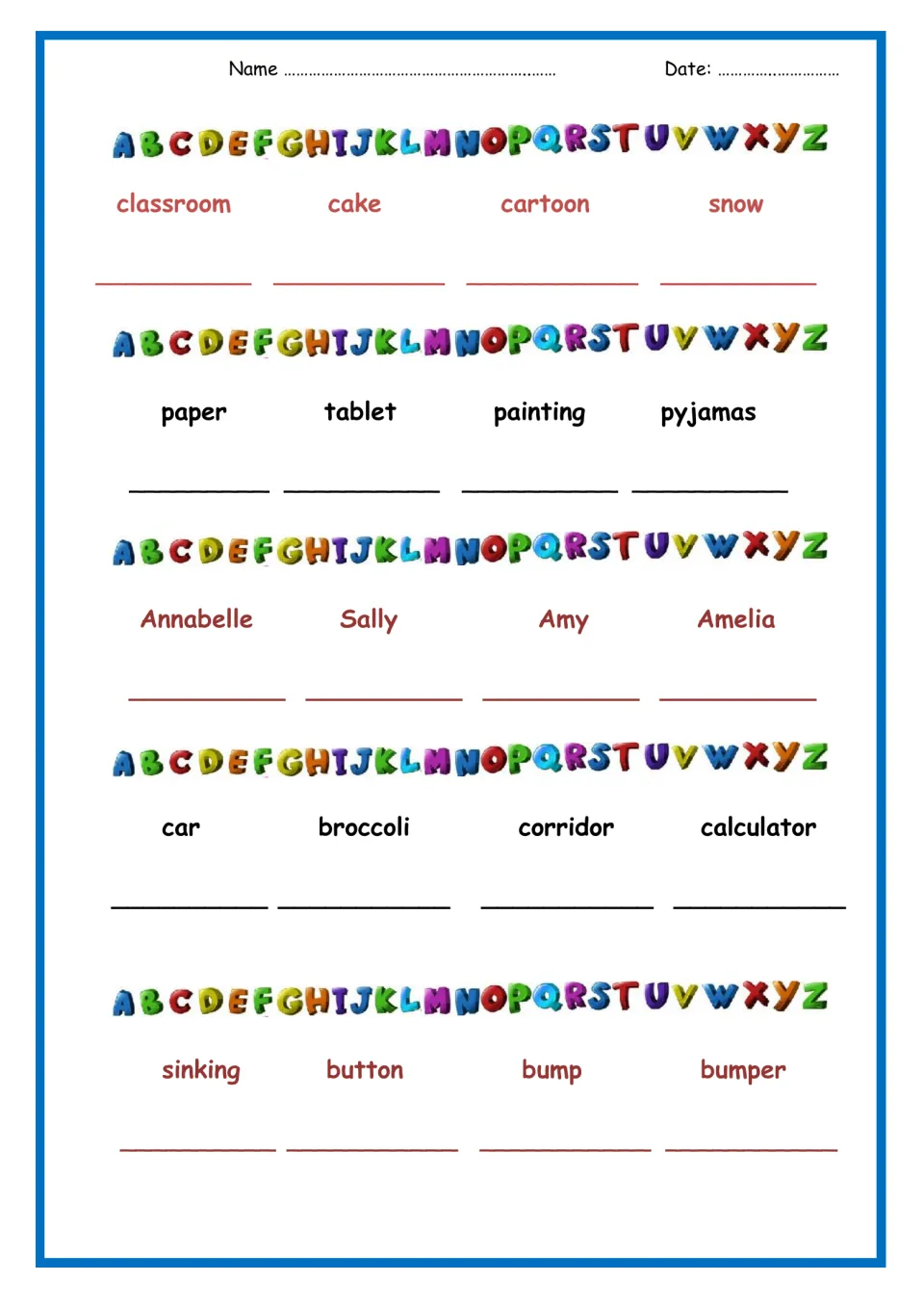 Four-word alphabetical ordering: students sort sets such as Annabelle, Sally, Amy, Amelia and bump, bumper