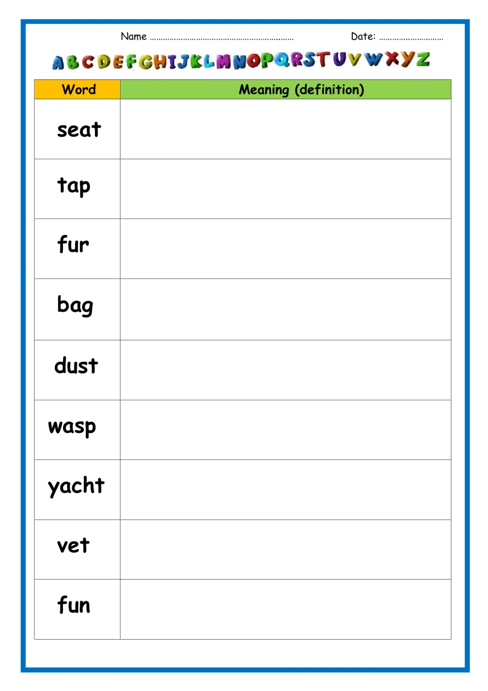 Definition lookup continued: students find and record meanings for seat, tap, fur, bag, dust, wasp, yacht, vet, fun