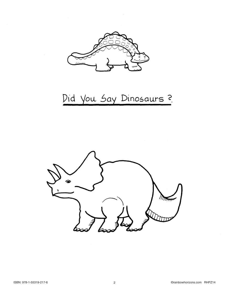 Did You Say Dinosaurs? title page, the cover of the kit, with line drawings of an Ankylosaurus and a Triceratops