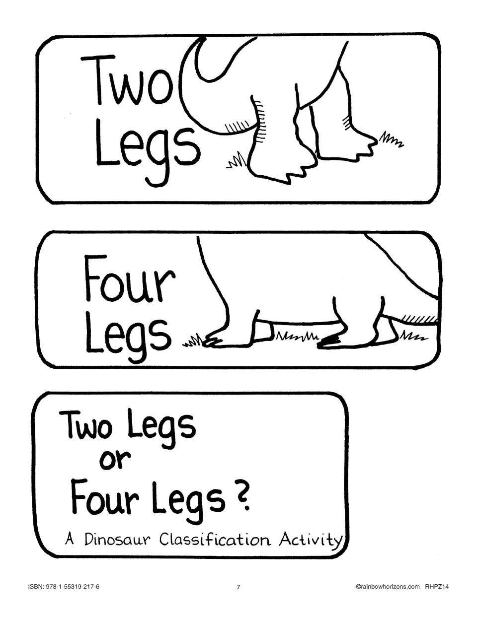 Folder labels 'Two Legs' and 'Four Legs' with dinosaur feet, and the 'Two Legs or Four Legs?' title card