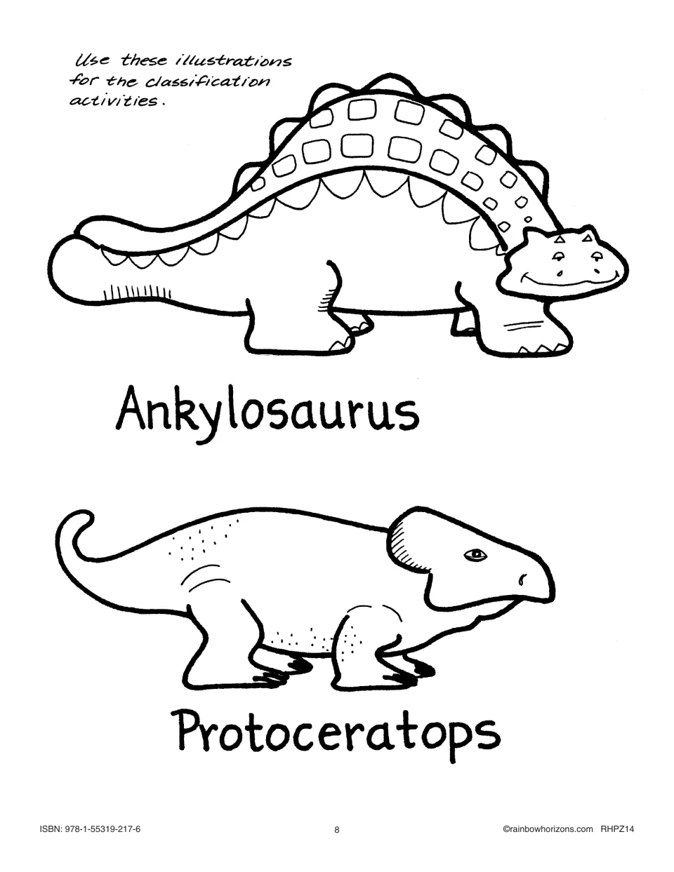 Dinosaur pictures for the classification workjobs: Ankylosaurus and Protoceratops, each labeled with its name