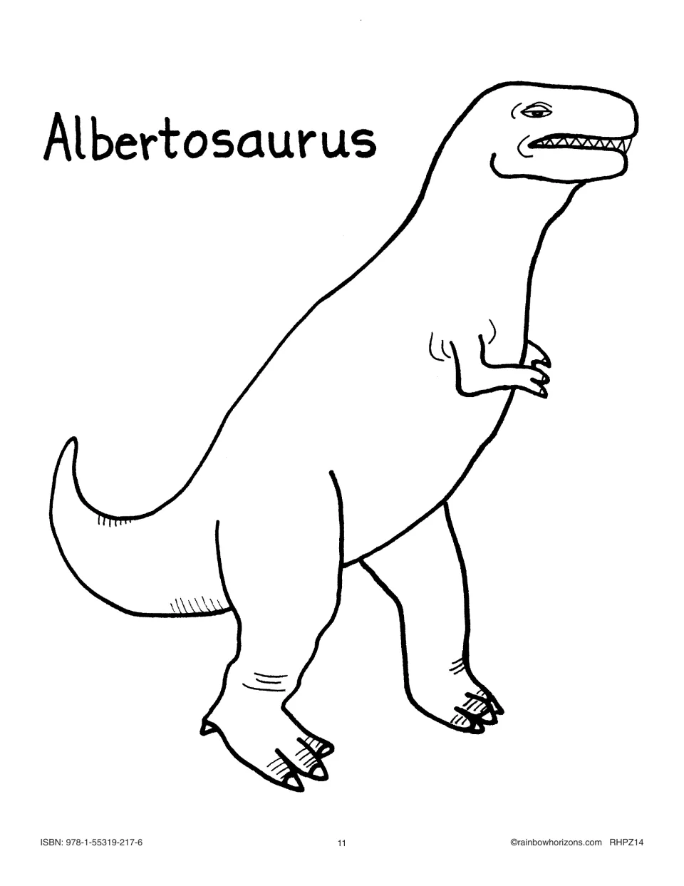 Albertosaurus line drawing with its name, a two-legged dinosaur picture for the classification workjobs