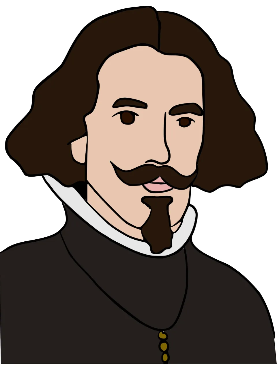 Diego Velasquez illustration: cartoon portrait of a man with long dark hair, mustache, goatee and white collar