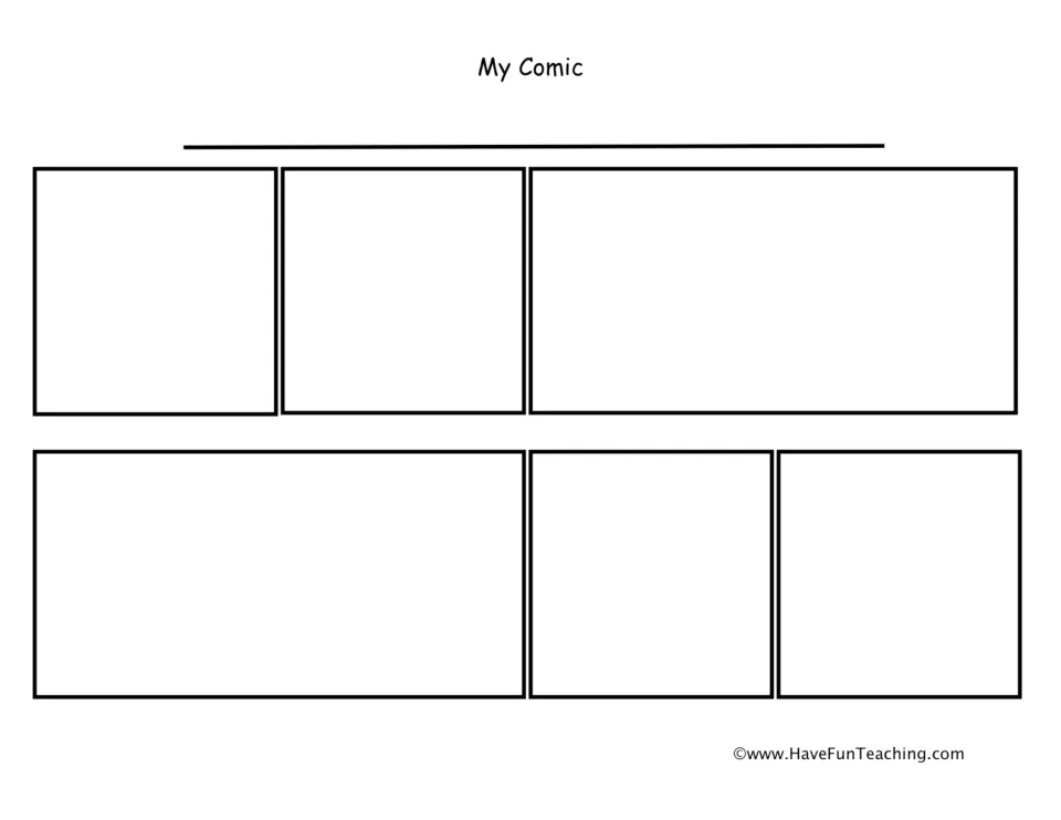 Comic strip writing template titled "My Comic" with six empty panels for drawing and writing a story.