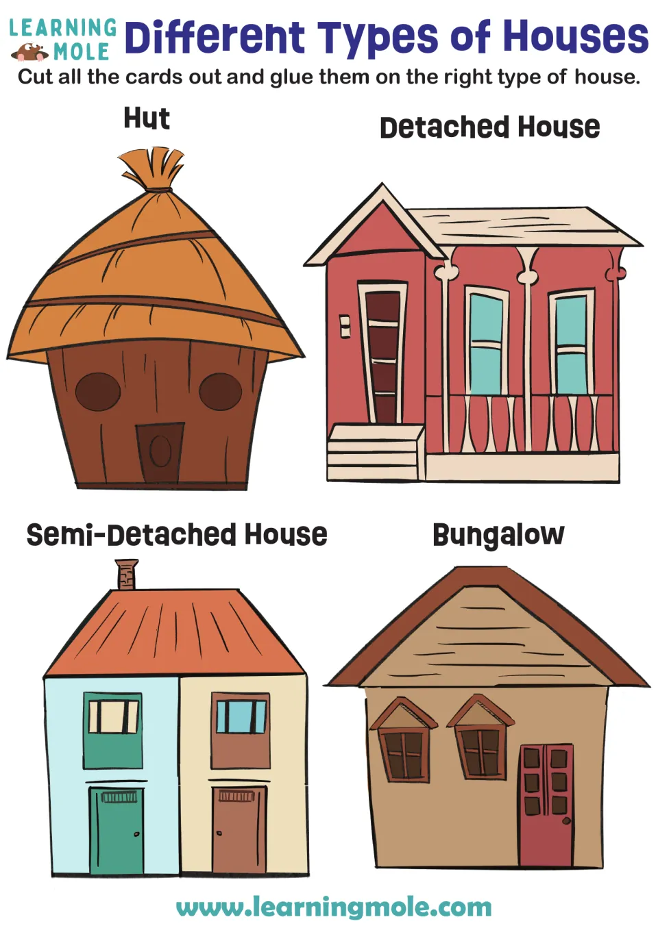 Types of houses sort: students glue feature cards under a hut, detached house, semi-detached house and bungalow