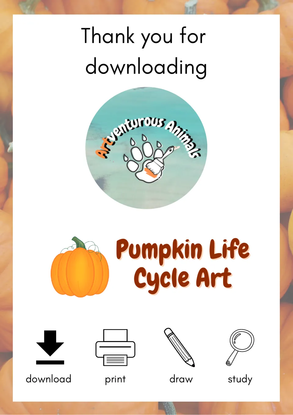 Pumpkin Life Cycle Art cover from Artventurous Animals with a pumpkin and download, print, draw and study steps