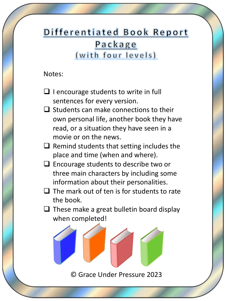 Teacher notes for the book reports: full sentences, personal connections, setting as time and place, rating the book
