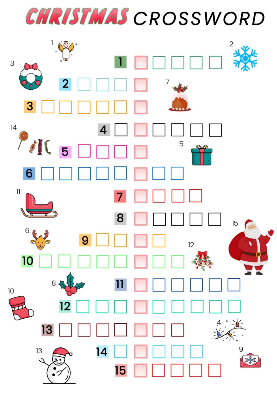 Christmas crossword: students match 15 numbered pictures, like an angel, sleigh and Santa, to words and fill the grid