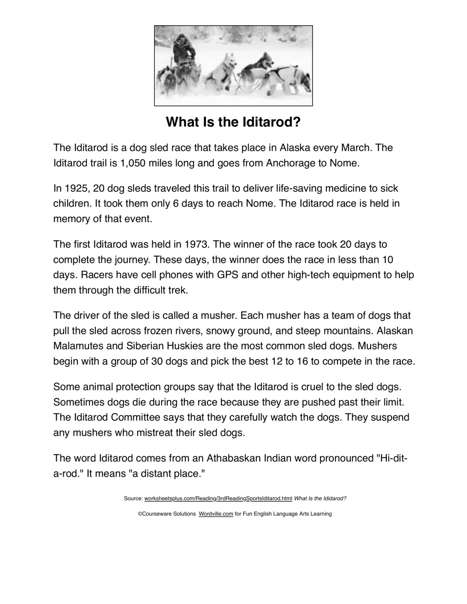 What Is the Iditarod? black-and-white one-page passage on the Alaska sled race, its 1925 history, mushers, dogs and criticism