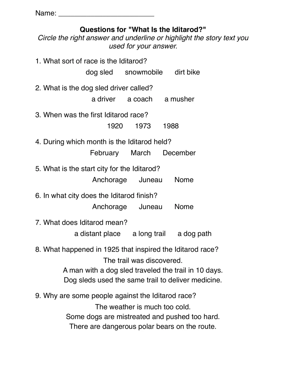 Iditarod questions: students circle answers to 9 multiple-choice items and underline passage text as evidence