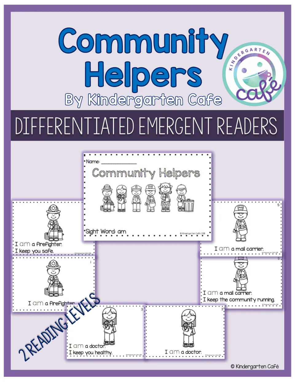 Reader packet cover showing community helper booklet samples and announcing two reading levels