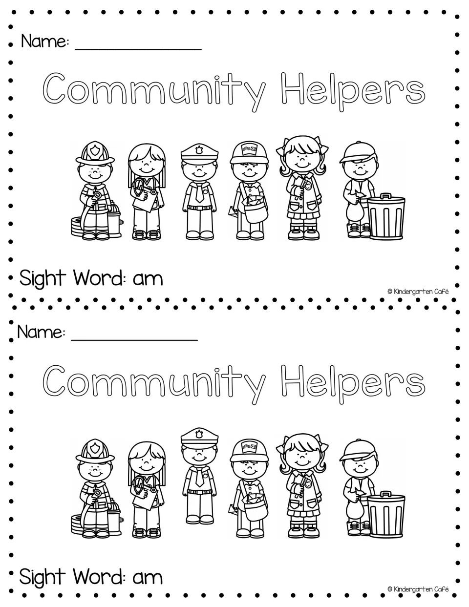 First reader's cover, printed twice, showing six community helpers and identifying the sight word 'am'