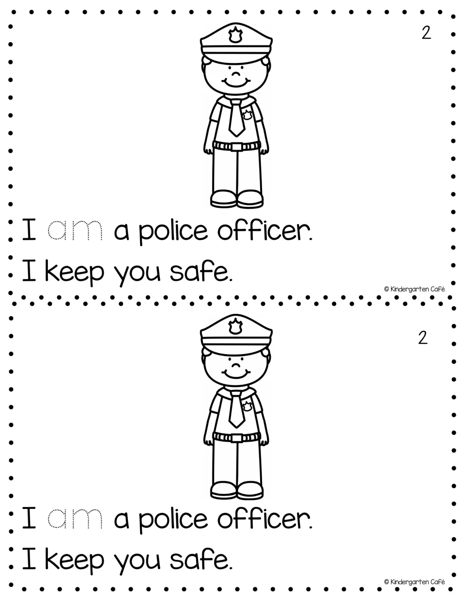 Reader page 2, printed twice: 'I am a police officer. I keep you safe,' with an officer and traceable 'am'