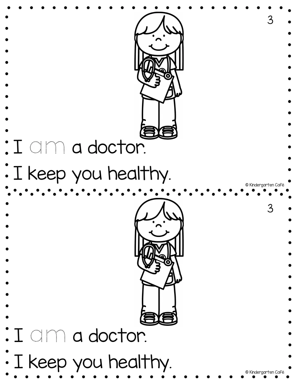 Reader page 3, printed twice: 'I am a doctor. I keep you healthy,' with a doctor and traceable 'am'