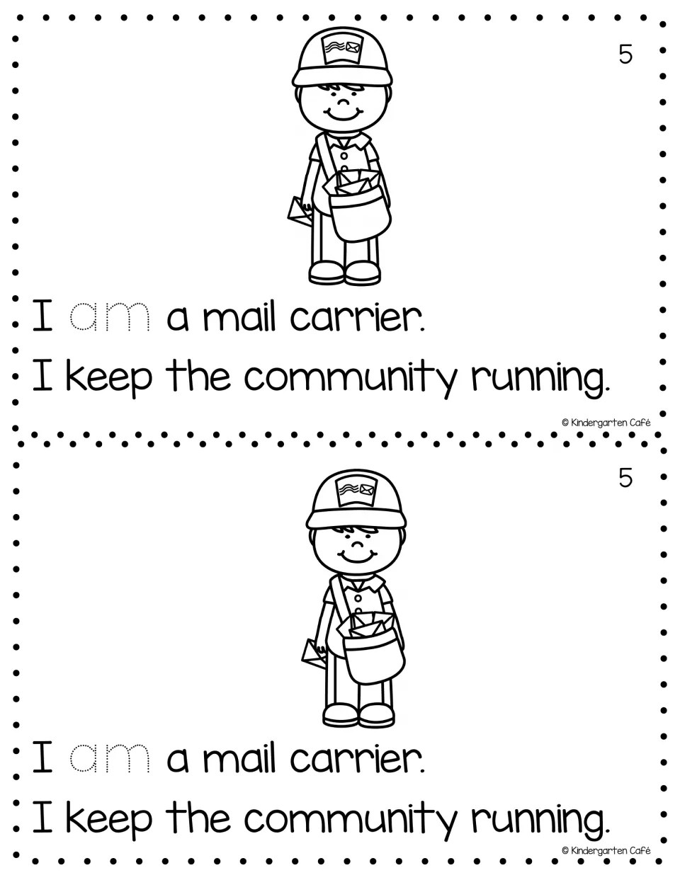 Reader page 5, printed twice: 'I am a mail carrier. I keep the community running,' with a mail carrier
