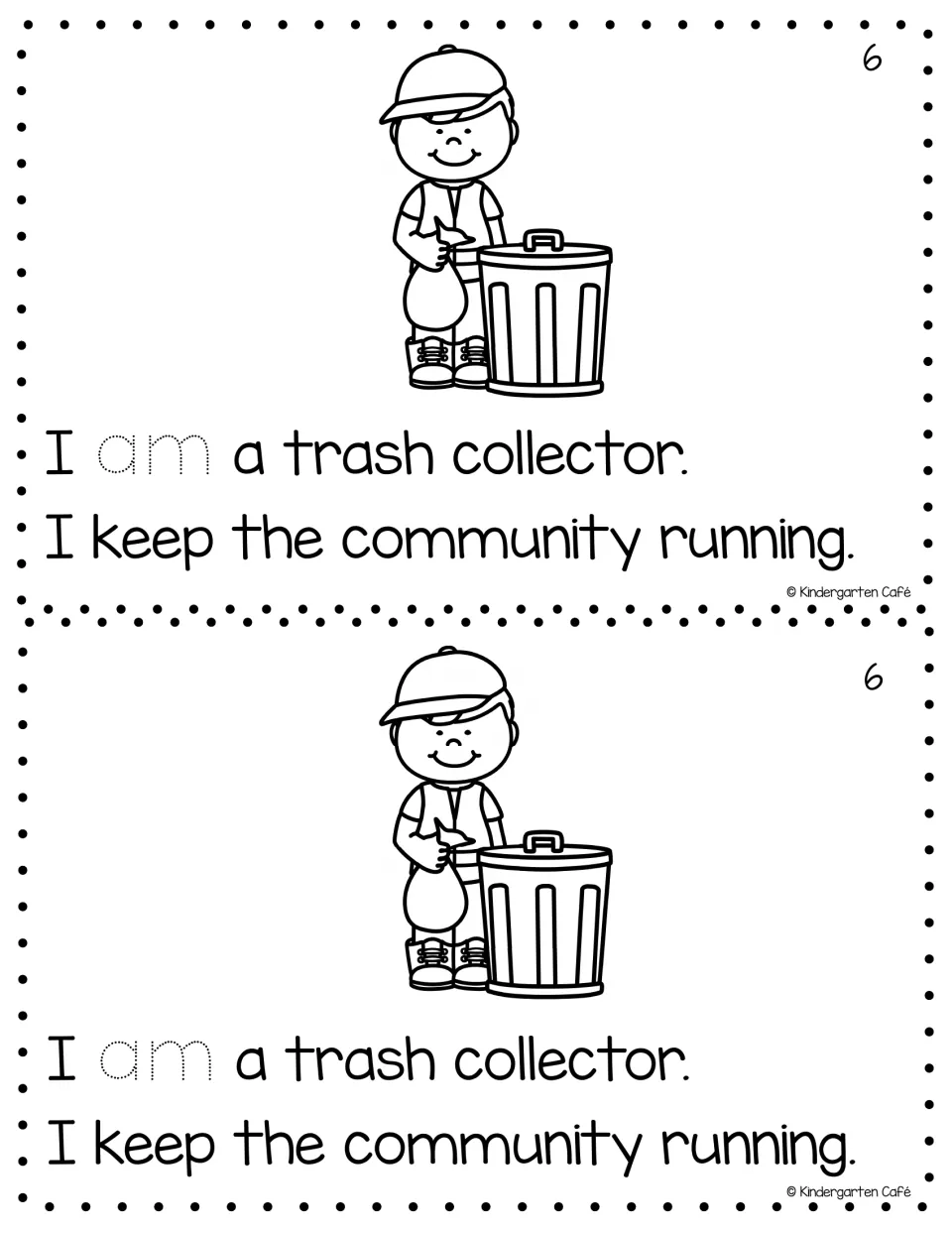 Reader page 6, printed twice: 'I am a trash collector. I keep the community running,' with a trash collector