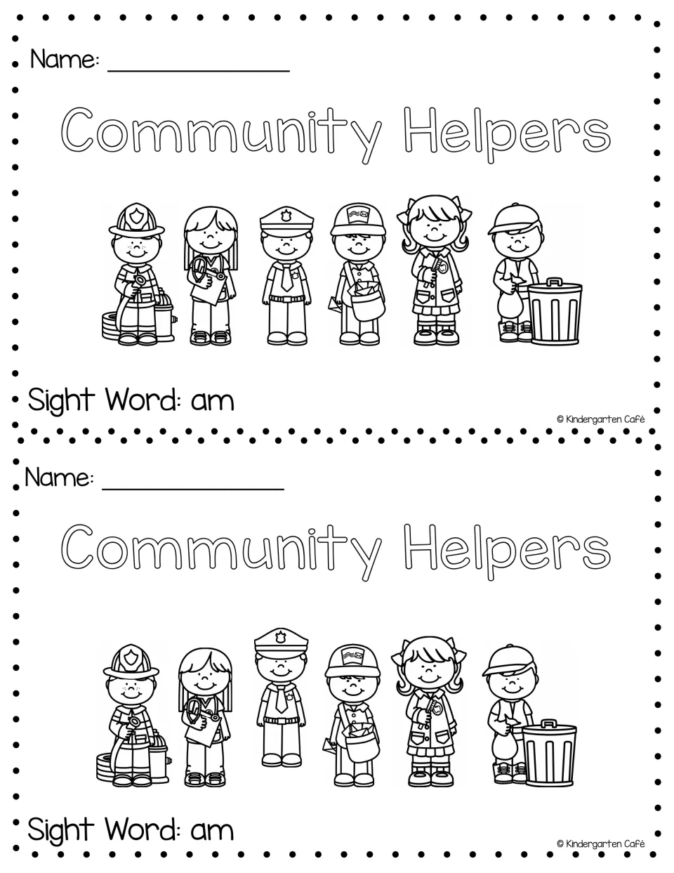 Second reader's cover, printed twice, showing six community helpers and naming 'am' as the sight word