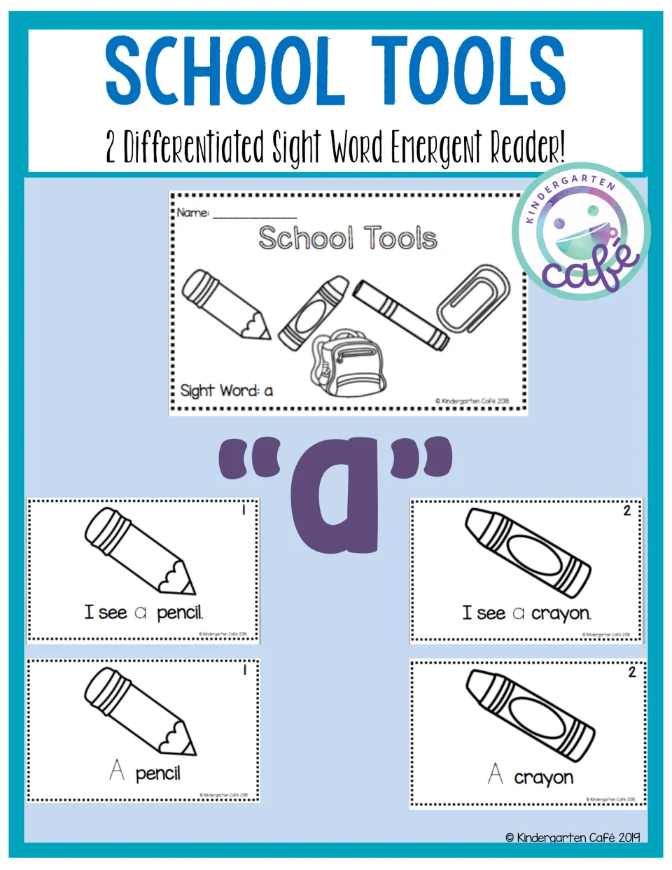 School Tools cover showing two reader formats: 'I see a pencil' and 'A pencil', focused on sight word 'a'.