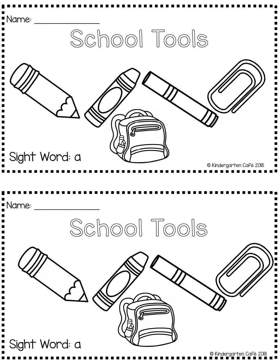 Two booklet covers for sight word 'a', each showing a pencil, crayon, marker, paperclip, and backpack.