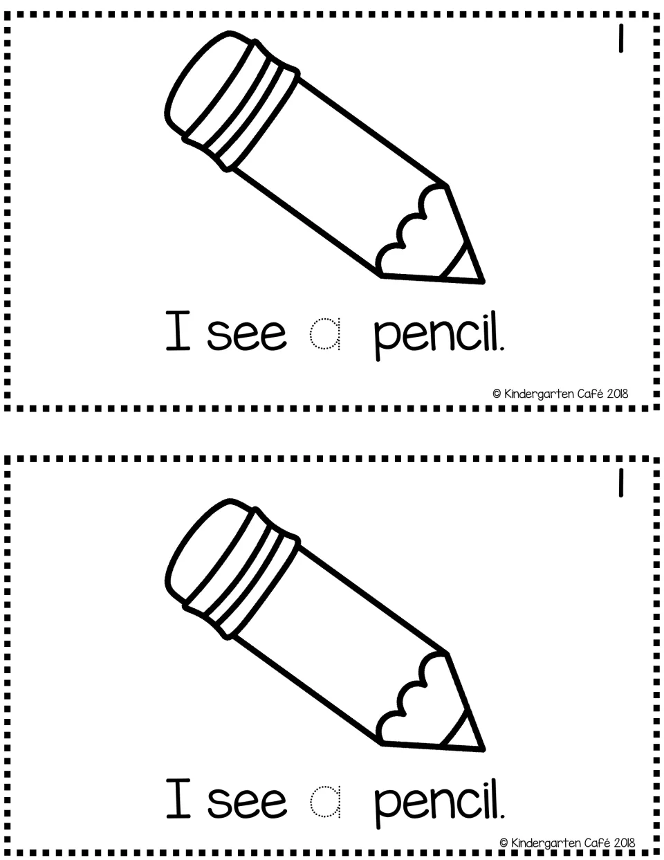 Sentence reader page 1, printed twice: 'I see a pencil.' with a pencil coloring picture and traceable 'a'.