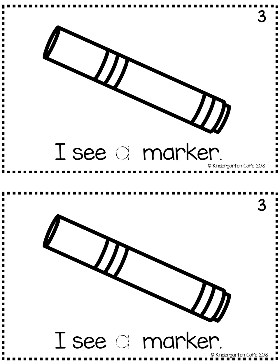 Sentence reader page 3, printed twice: 'I see a marker.' with a marker coloring picture and traceable 'a'.