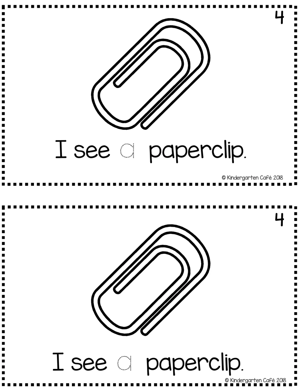 Sentence reader page 4, printed twice: 'I see a paperclip.' with a paperclip picture and traceable 'a'.