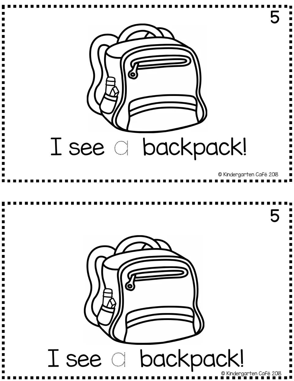 Sentence reader page 5, printed twice: 'I see a backpack!' with a backpack picture and traceable 'a'.