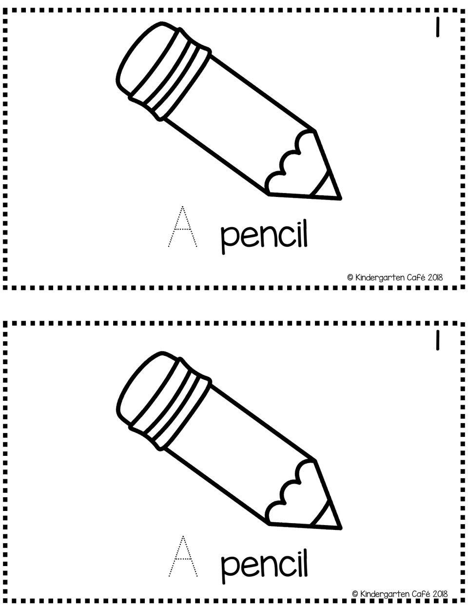 Short-label reader page 1, printed twice: 'A pencil' with a pencil coloring picture and traceable capital 'A'.