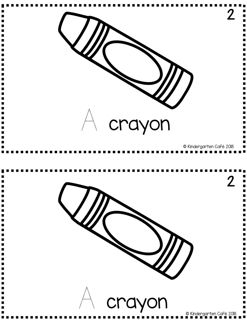 Short-label reader page 2, printed twice: 'A crayon' with a crayon coloring picture and traceable capital 'A'.