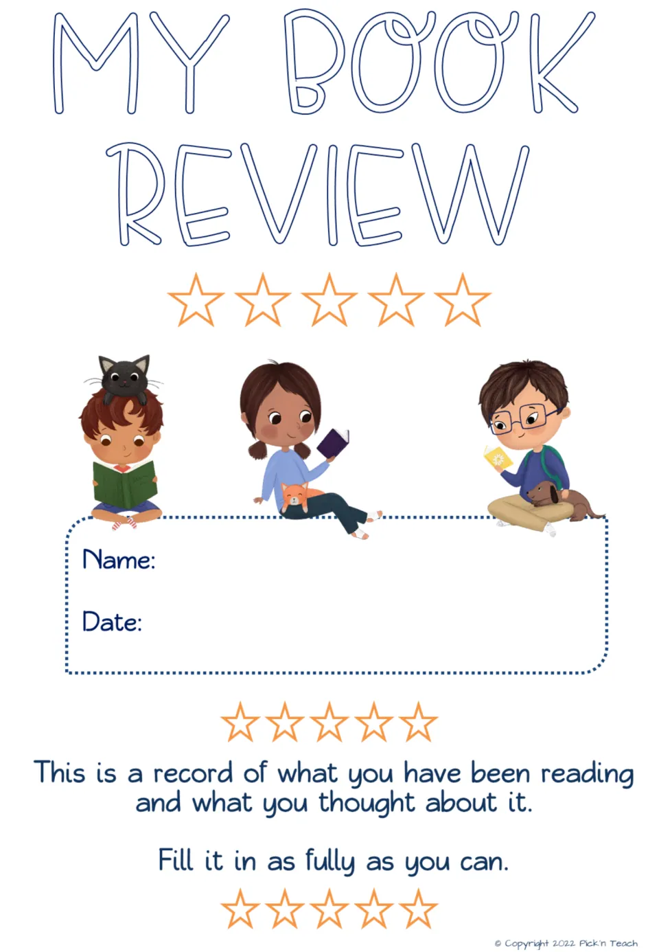 My Book Review cover: students write their name and date on a record of what they have been reading and what they thought