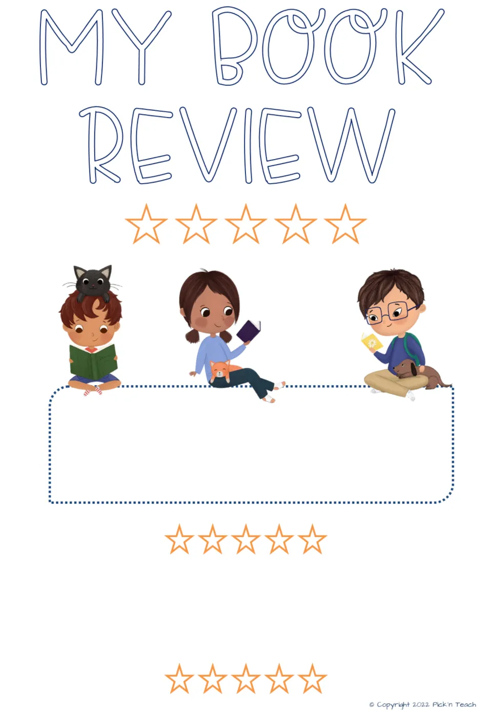 Blank My Book Review cover with star rows and children reading, without the name, date or instruction text