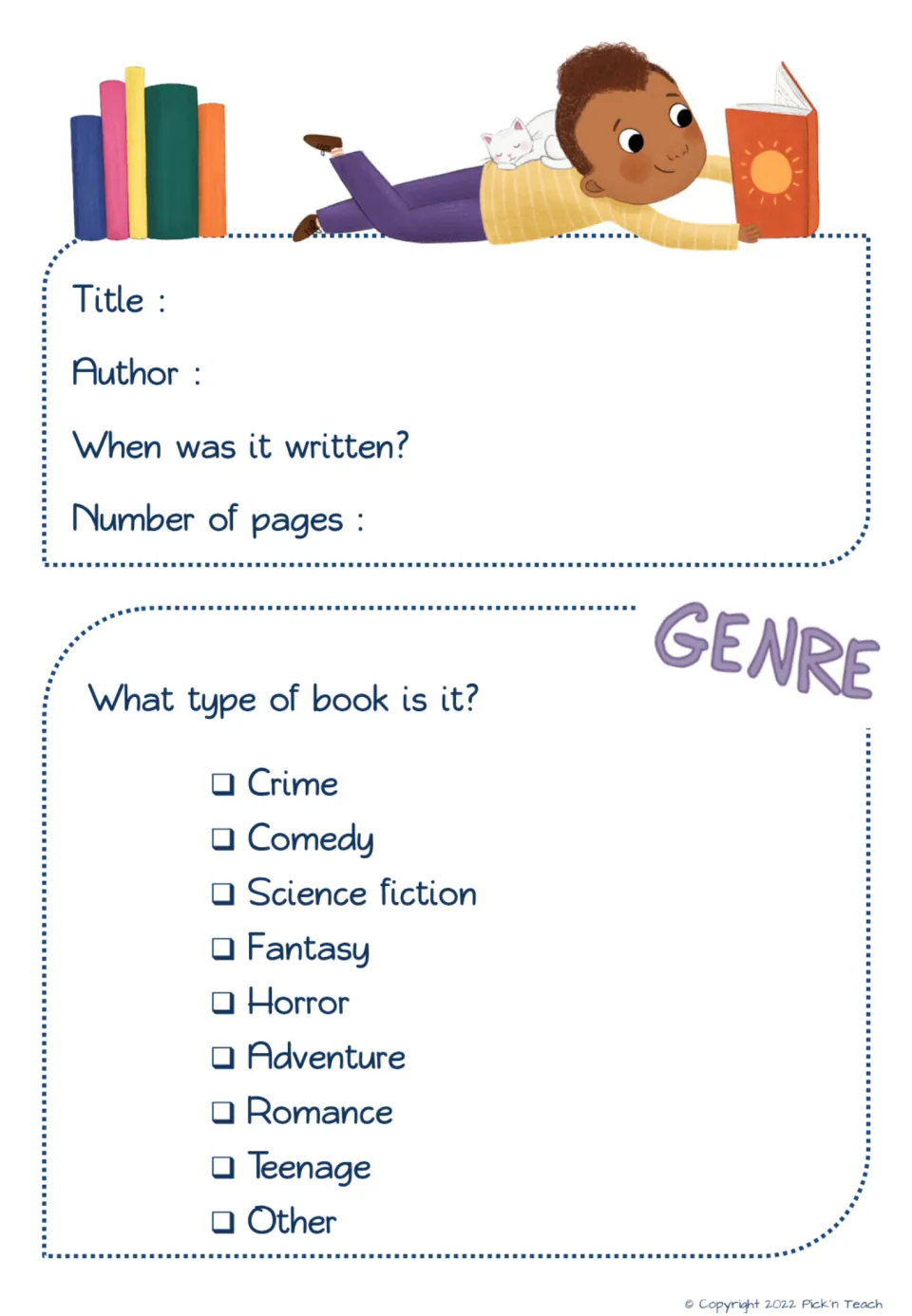 Book details and genre: students record title, author, year written and page count, then tick one of nine genres