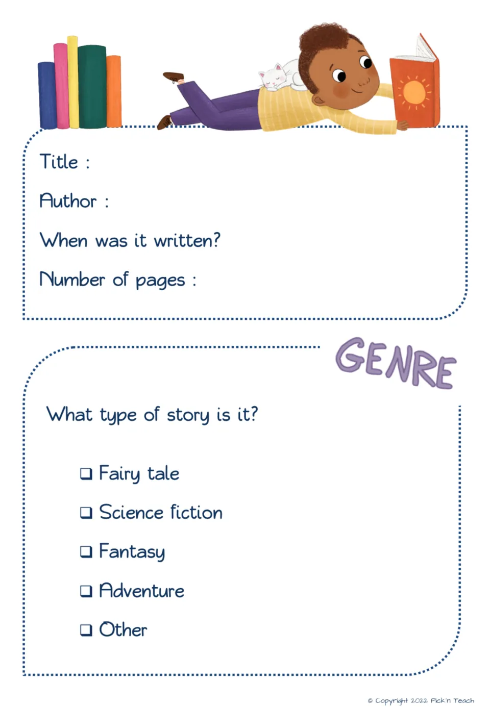 Book details and story type: students record title and author, then tick fairy tale, science fiction, fantasy or adventure