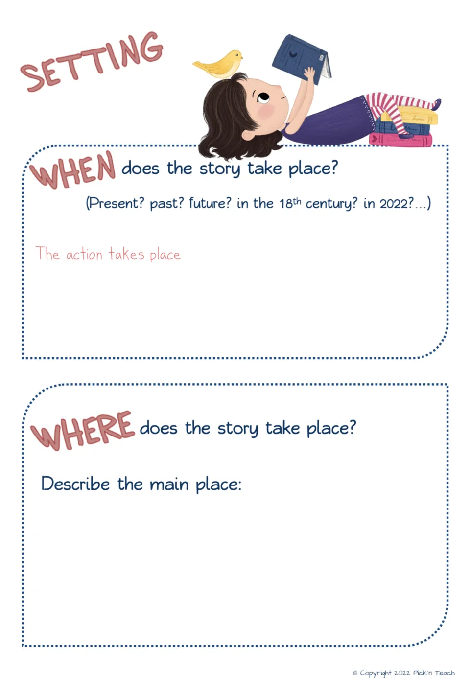 Story setting: students explain when the story happens, with past, present and future hints, then describe the main place