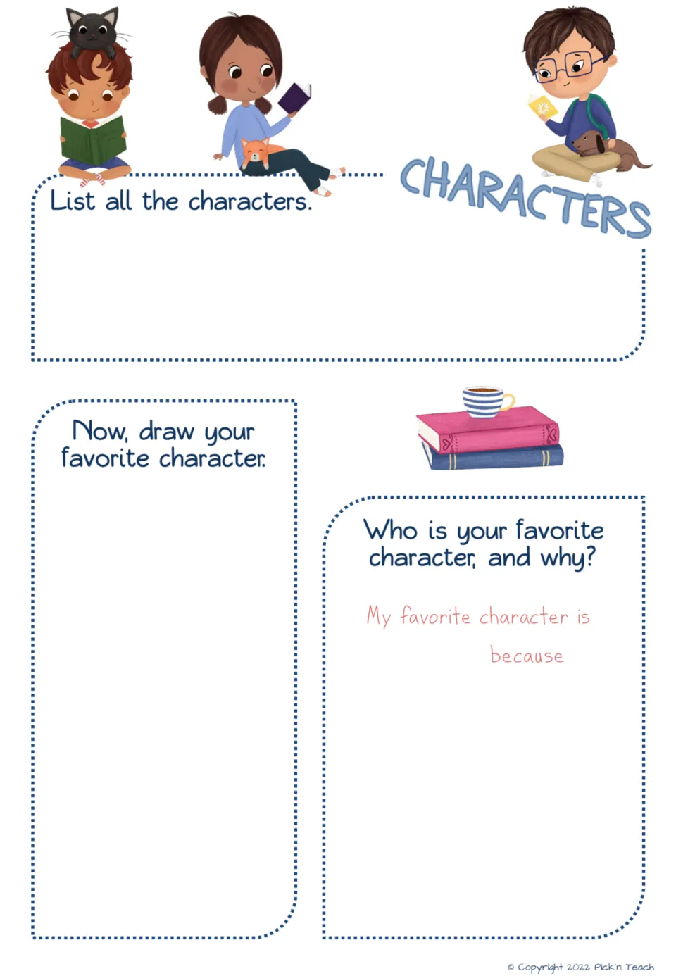 Characters with drawing: students list the characters, draw their favorite one and explain the choice using 'because'