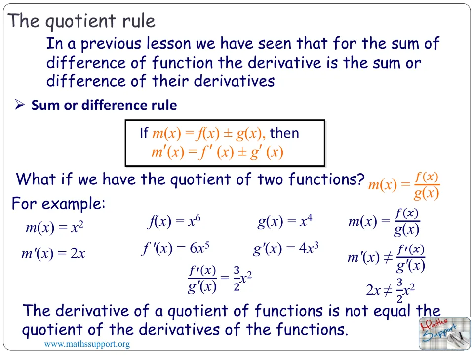 Quotient rule introduction using x⁶/x⁴ to show why dividing derivatives does not differentiate a quotient